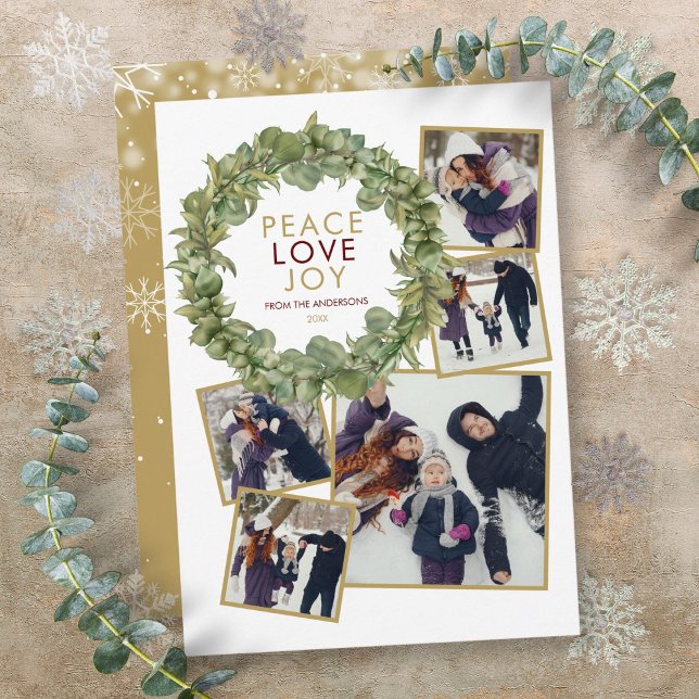 Tarjeta Festiva Navidades de Wreath de Peace Love Joy 5 Photo Gree (Peace Love Joy 5 Photo Greenery Wreath Christmas Holiday Card)