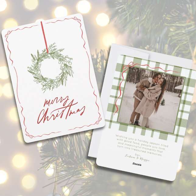 Tarjeta Festiva Navidades de Wreath dibujando mano caprichosa (Whimsical Hand Drawn Wreath Photo Christmas Holiday Card)