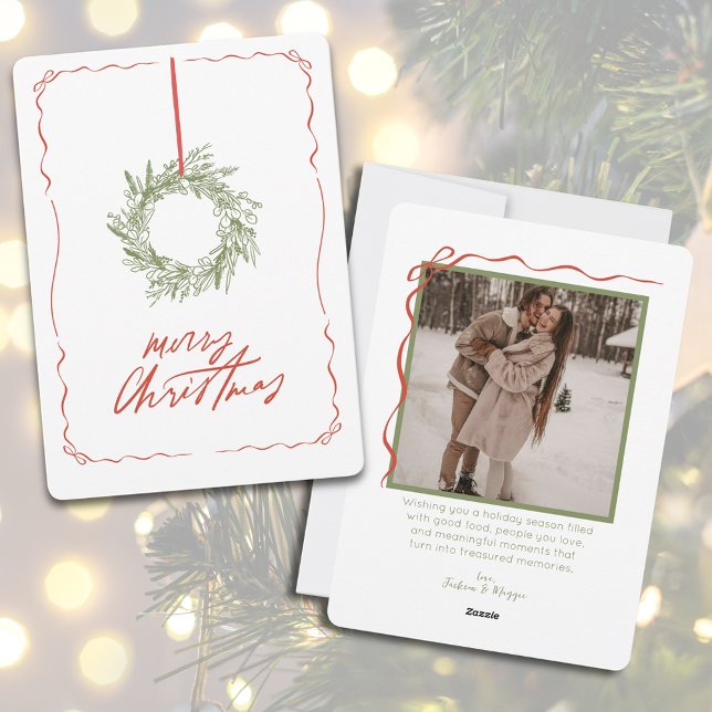 Tarjeta Festiva Navidades de Wreath dibujando mano caprichosa (Simple Hand Drawn Wreath Photo Christmas Holiday Card)