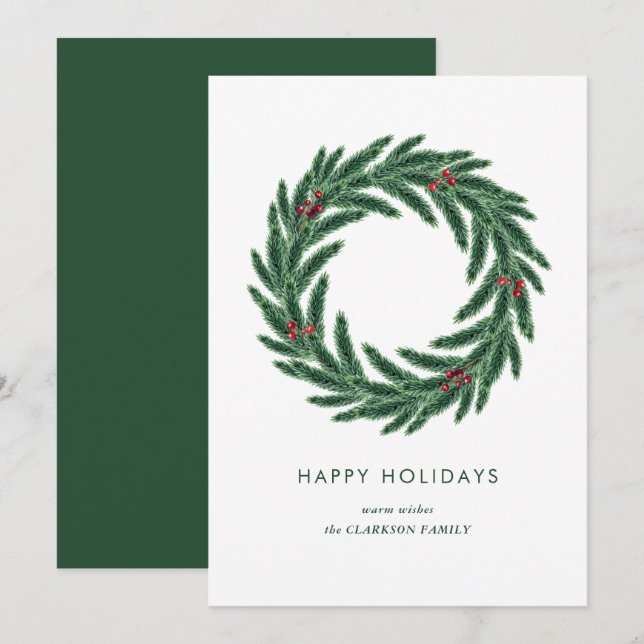 Tarjeta Festiva Navidades de Wreath Pine Holly Sencillos (Anverso / Reverso)