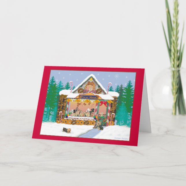 Tarjeta Festiva Navidades de Yorkshire Terrier en vacaciones (Anverso)