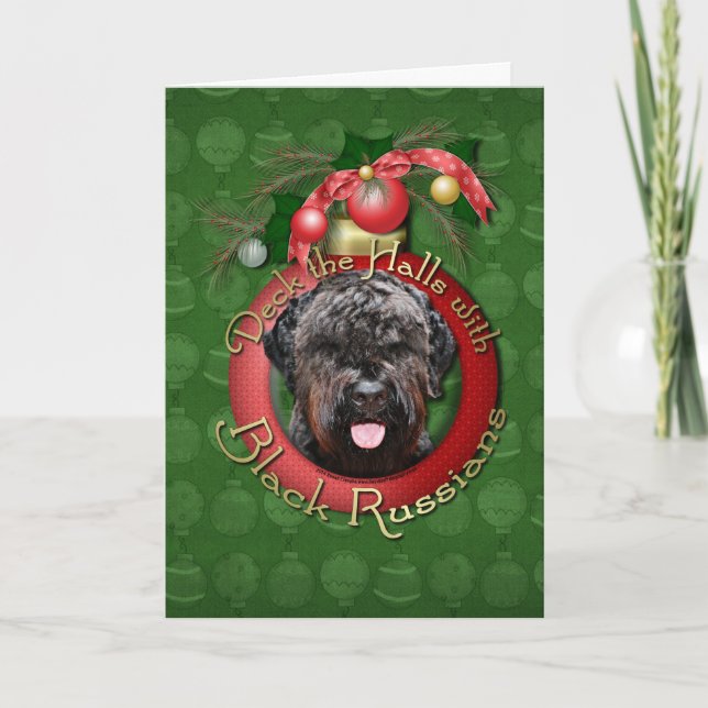 Tarjeta Festiva Navidades - Deck the Halls - Black Russian Terrier (Anverso)