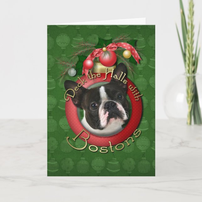 Tarjeta Festiva Navidades - Deck the Halls - Bostons (Anverso)