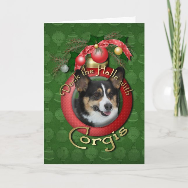 Tarjeta Festiva Navidades - Deck the Halls - Corgis (Anverso)