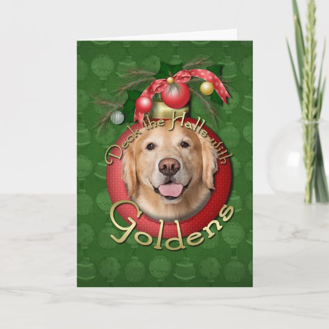 Tarjeta Festiva Navidades - Deck the Halls - Goldens - Corona (Anverso)
