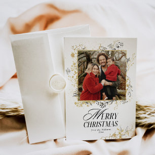 Tarjeta Festiva Navidades Deer Black And Gold Floral Photo Digital