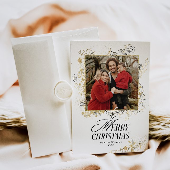 Tarjeta Festiva Navidades Deer Black And Gold Floral Photo Digital (Subido por el creador)