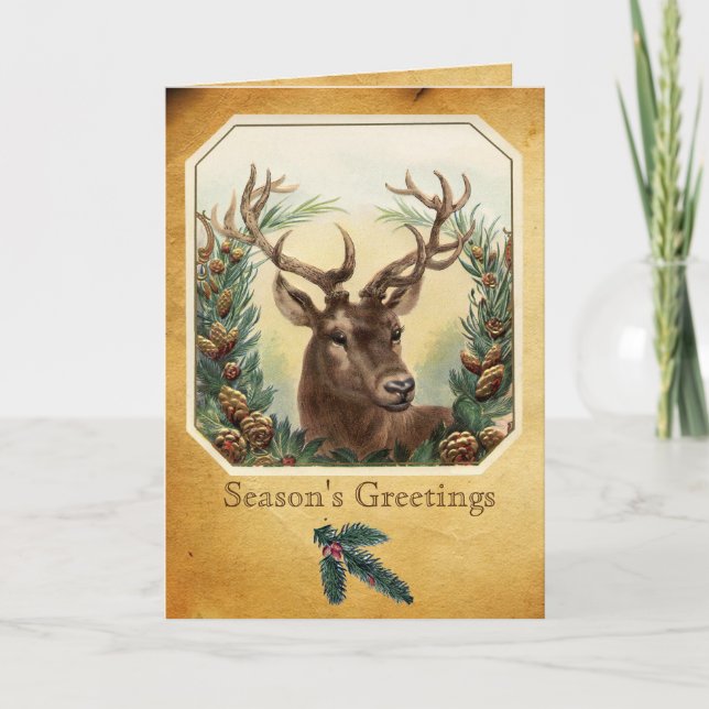 TARJETA FESTIVA NAVIDADES DEER CON PARCHE DE CORONA DE PINOS (Anverso)