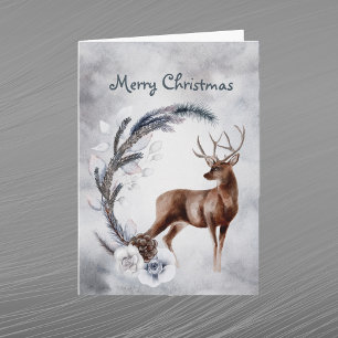Tarjeta Festiva Navidades Deer Pine Floral acuarela