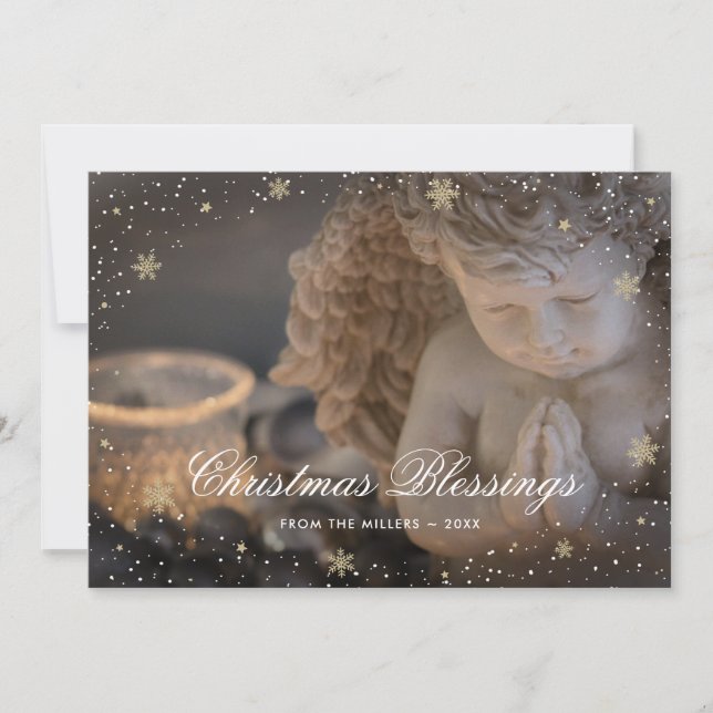 Tarjeta Festiva Navidades del Ángel Cristiano Religioso con Nieve (Anverso)