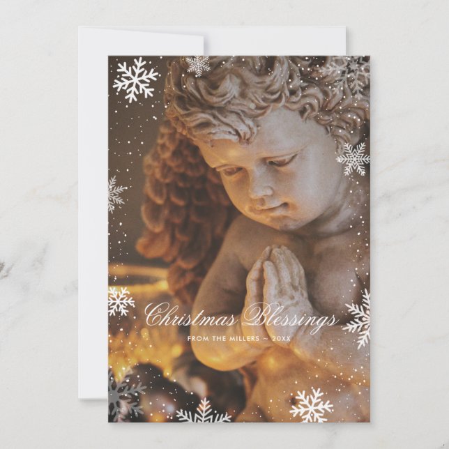 Tarjeta Festiva Navidades del Ángel Cristiano Religioso con Nieve (Anverso)