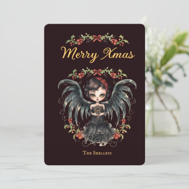 Tarjeta Festiva Navidades del Ángel Gótico oscuro (Anverso de pie)