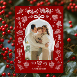 Tarjeta Festiva Navidades del Arco Rojo Doodle Foto "Warm Wishes"