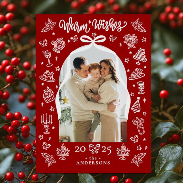 Tarjeta Festiva Navidades del Arco Rojo Doodle Foto "Warm Wishes" (Subido por el creador)