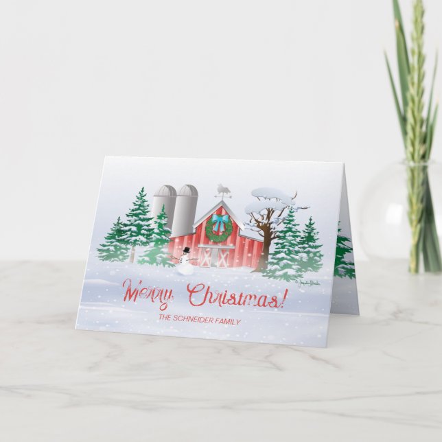 Tarjeta Festiva Navidades del Barn Rojo Wreath Snowman (Anverso)