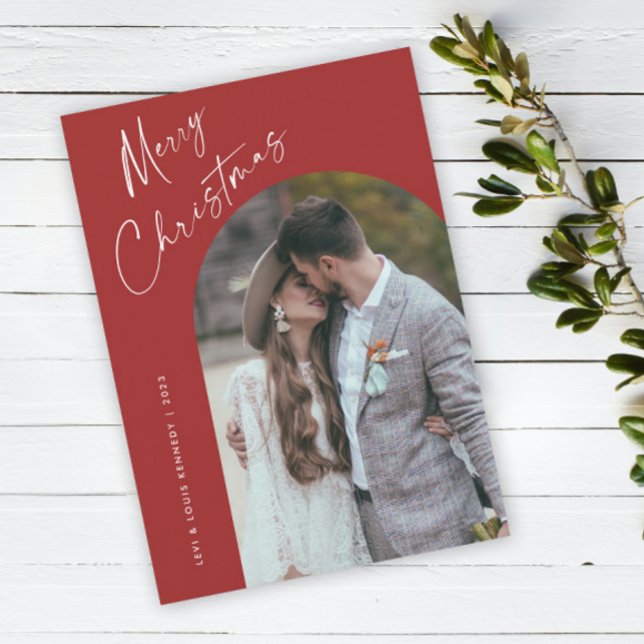 Tarjeta Festiva Navidades del Boho Arch con guión simple (Simple script boho arch photo Christmas holiday card with modern elegant handwritten typography.)