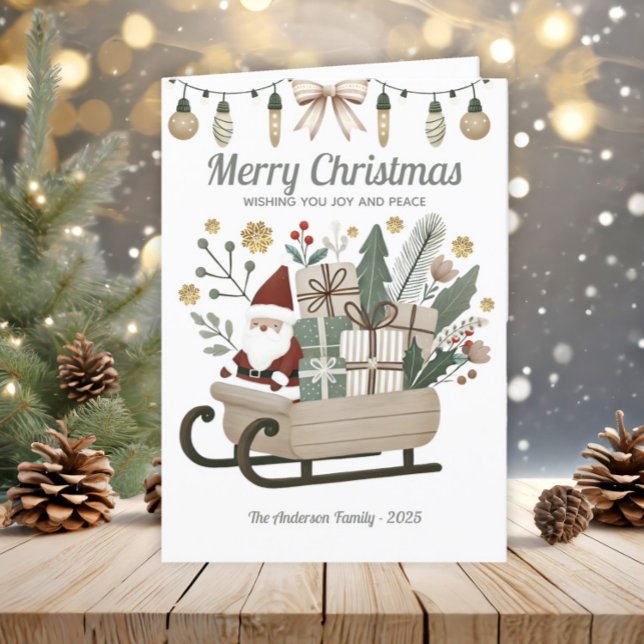 Tarjeta Festiva Navidades del Boho Santa Sleigh Earth Tones (Santa sleigh Merry Christmas greeting card)