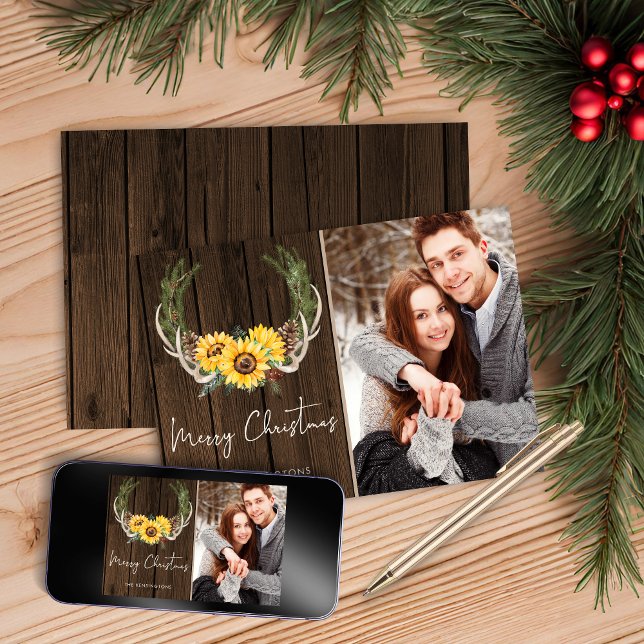 Tarjeta Festiva Navidades del Boho Sunflower Wreath Holiday Foto (Boho Christmas Sunflower Wreath Holiday Photo Christmas Card)