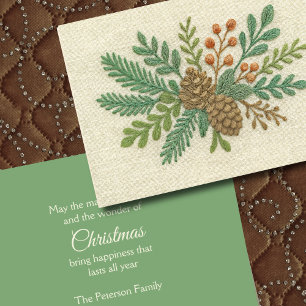 Tarjeta Festiva Navidades del bordado Floral Sprig Pinecone