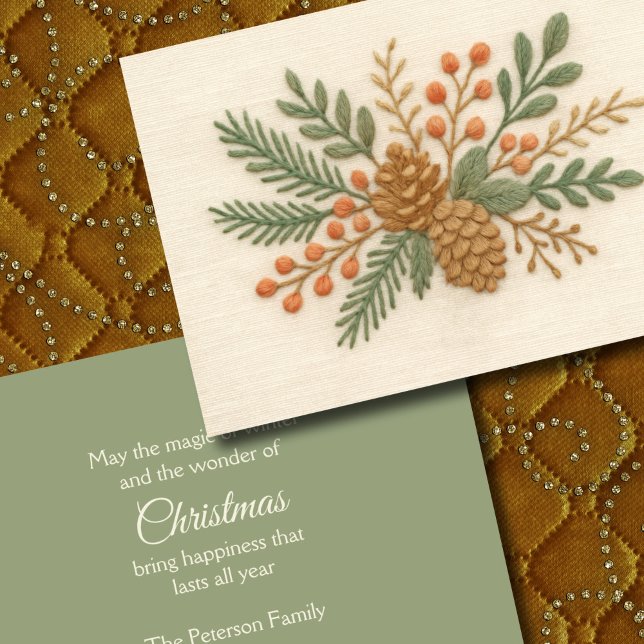 Tarjeta Festiva Navidades del bordado Floral Sprig Pinecone Cream (Subido por el creador)