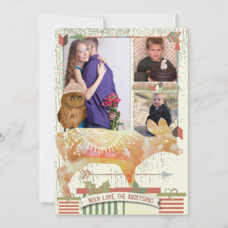 Tarjeta Festiva Navidades del bosque Owl and Fawn con tu foto
