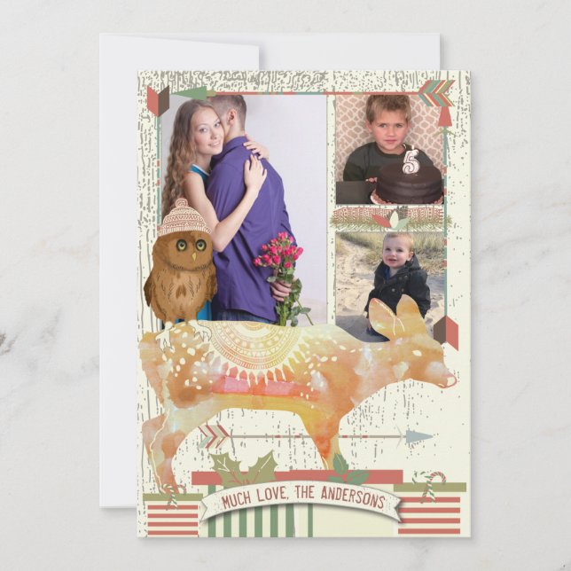 Tarjeta Festiva Navidades del bosque Owl and Fawn con tu foto (Anverso)
