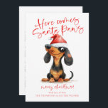 Tarjeta Festiva Navidades del calendario Dachshund Santa Paws 2025<br><div class="desc">Funny Navidades del calendario Dachshund Santa Paws 2025. Disponible digitalmente e impreso. Diversión festiva por sus deseos de vacaciones, con este divertido diseño con un perro más ligero y descarado en su sombrero de Santa. Aquí viene Santa Paws y Feliz Navidad están en un set de escritura moderna y personalizan...</div>
