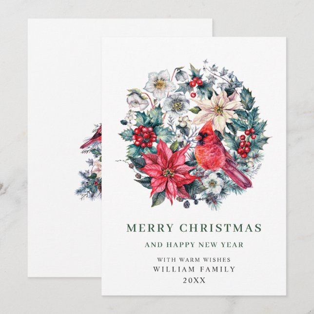 Tarjeta Festiva Navidades del cardenal de Holly Berry Poinsettia s (Anverso / Reverso)