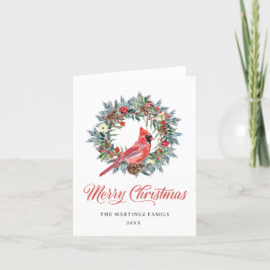 Tarjeta Festiva Navidades del Cardenal Rojo de Acuarela Pine Wreat