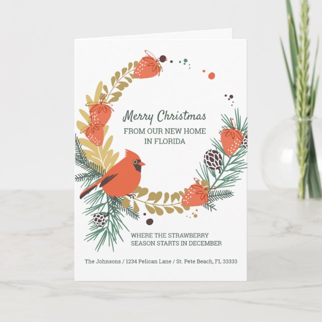 Tarjeta Festiva Navidades del cardenal Strawberry escriben nueva d (Anverso)