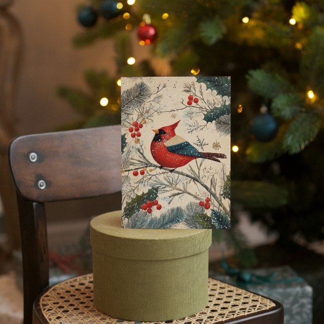 Tarjeta Festiva Navidades del Cardenal Vintage Bird Berries (Subido por el creador)