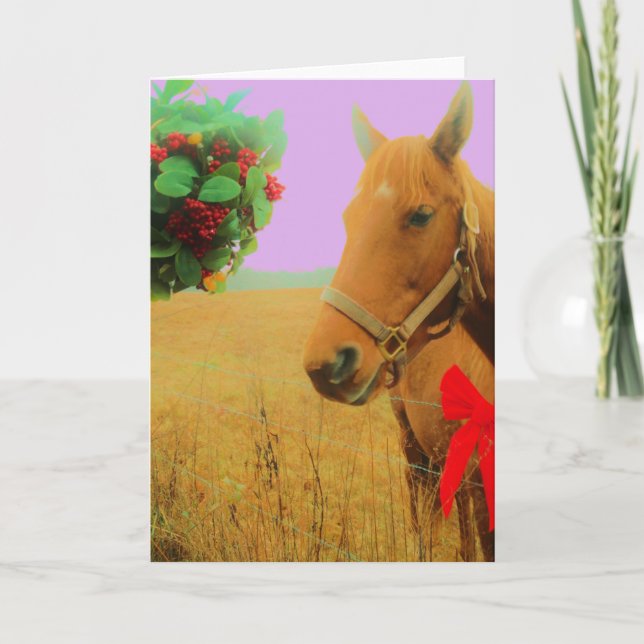 Tarjeta Festiva Navidades del cielo rosa retro Caballo (Anverso)