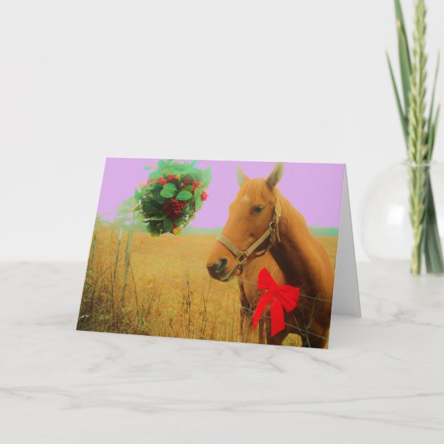 Tarjeta Festiva Navidades del cielo rosa retro Caballo (Anverso)