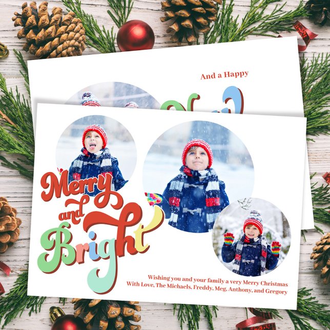Tarjeta Festiva Navidades del Collage de fotos de Cereza y Brillan (Merry and Bright holiday photo card. With colorful retro typography. )