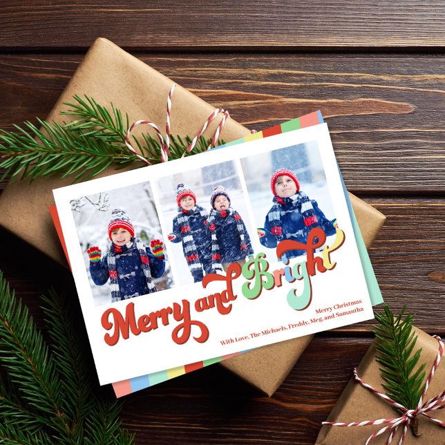 Tarjeta Festiva Navidades del Collage de fotos de Cereza y Brillan (Merry and Bright holiday photo card. With colorful retro typography. )