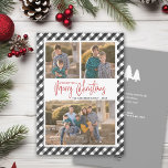 Tarjeta Festiva Navidades del Collage de fotos de la placa de veri<br><div class="desc">Esta tarjeta de Navidades fotográficos plana ofrece dos fotos cuadradas y una horizontal en la parte delantera. El fondo se acentúa con un patrón festivo de verificación de búfalos negros y grises. Añade tu propio mensaje personal en la parte posterior. Fotografía © Storytree Studios,  Stanford,  CA.</div>