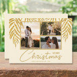 Tarjeta Festiva Navidades del Collage de fotos de Palmeras Costera<br><div class="desc">Tres fotos acentuadas con falsos frondas de palmeras purpurinas sobre un fondo crema (ver más colores en nuestra tienda), estas tarjetas de fotos navideñas de vacaciones tienen sus nombres en la parte inferior con letras de moda. Seleccione Matte para el papel más pesado y la Alta Definición para la mejor...</div>