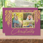 Tarjeta Festiva Navidades del Collage de fotos de Palmeras Costera<br><div class="desc">Tres fotos acentuadas con falsos frondas de palma de purpurina dorado sobre un fondo de frambuesa (ver más colores en nuestra tienda), estas tarjetas de fotos navideñas de Navidad tienen "Es una vida maravillosa", o cualquier saludo que elijas, y tus nombres en el fondo con letras de moda. Seleccione Matte...</div>