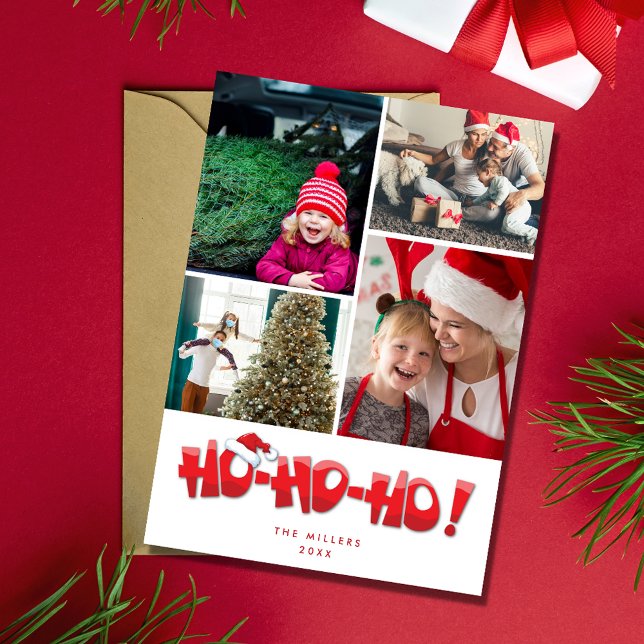Tarjeta Festiva Navidades del Collage de fotos Ho Ho Santa Family (Ho Ho Ho Santa Family Photo Collage Christmas Holiday Card)