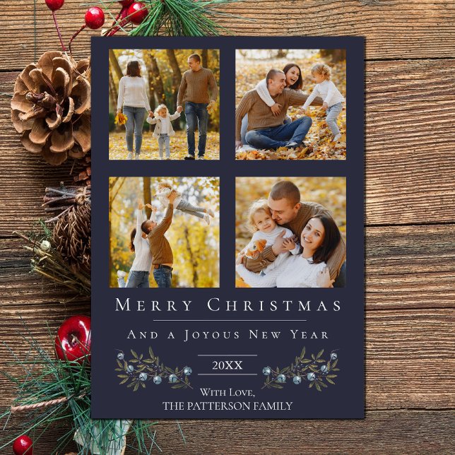 Tarjeta Festiva Navidades del Collage de fotos Jingle Bells | Azul (Blue Jingle Bells Four Photo Christmas Holiday Card)