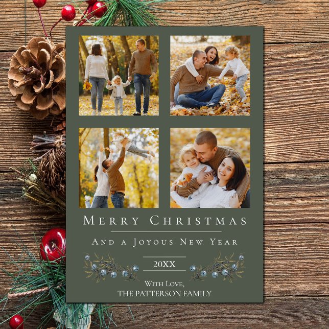 Tarjeta Festiva Navidades del Collage de fotos Jingle Bells | Gree (Green Jingle Bells Four Photo Christmas Holiday Card)
