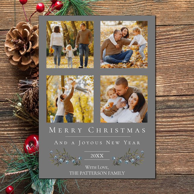 Tarjeta Festiva Navidades del Collage de fotos Jingle Bells | Gris (Gray Jingle Bells Four Photo Christmas Holiday Card)