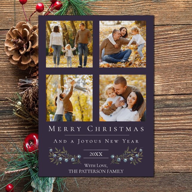 Tarjeta Festiva Navidades del Collage de fotos Jingle Bells | Mora (Purple Jingle Bells Four Photo Christmas Holiday Card)