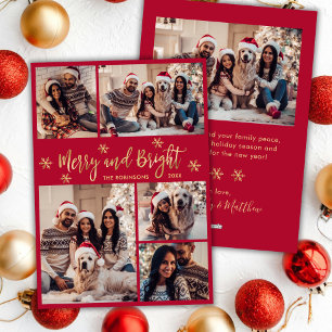 Tarjeta Festiva Navidades del Collage de fotos Oro Rojo Brillante