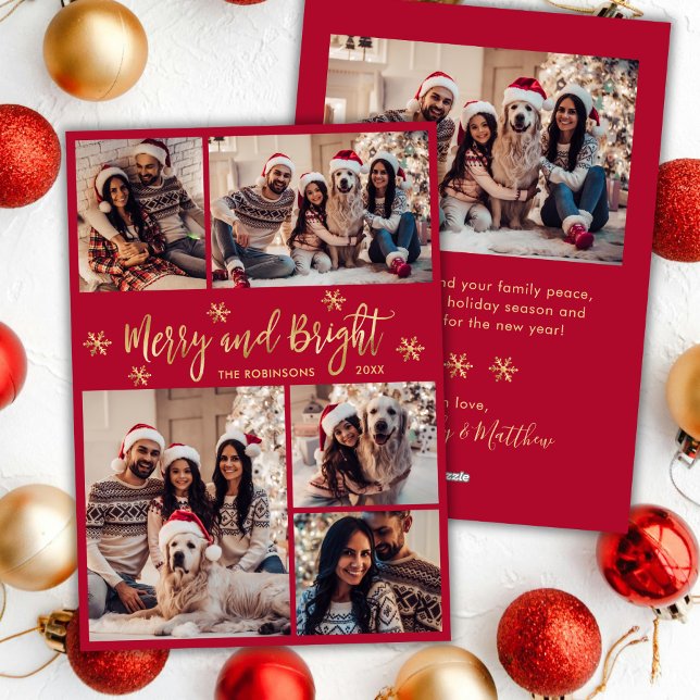Tarjeta Festiva Navidades del Collage de fotos Oro Rojo Brillante (Subido por el creador)