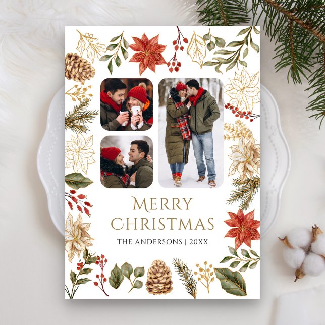 Tarjeta Festiva Navidades del Collage de fotos Poinsettia Floral 3 (Subido por el creador)