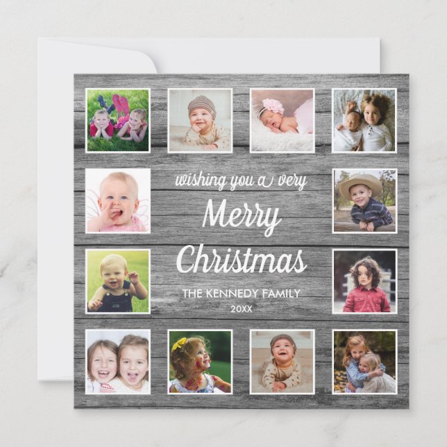 Tarjeta Festiva Navidades del Collage de fotos Rustic Gray Wood 12 (Anverso)