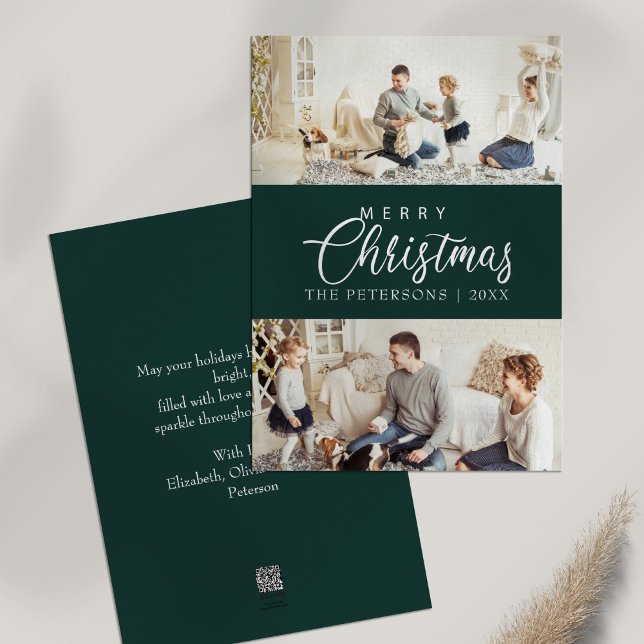 Tarjeta Festiva Navidades del Collage de fotos verde esmeralda mod (Modern Emerald Green Photo Collage Christmas Holiday Card on white table)