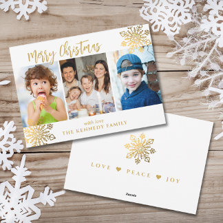 Tarjeta Festiva Navidades del Collage de fotos White & Gold SnowFl