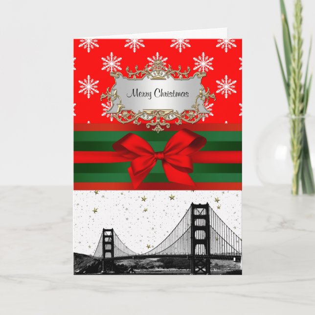 Tarjeta Festiva Navidades del copo de nieve rojo en el horizonte d (Anverso)